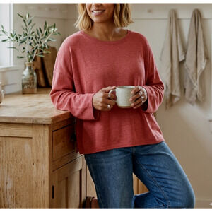 Eileen Fisher Linen Boxy Knit Top Size XL Dark Coral Stretch Spring Summer